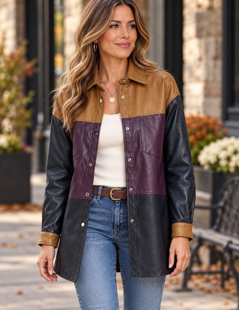 Badgley Mischka Vegan Leather Camel/Navy Color Block Shacket Jacket